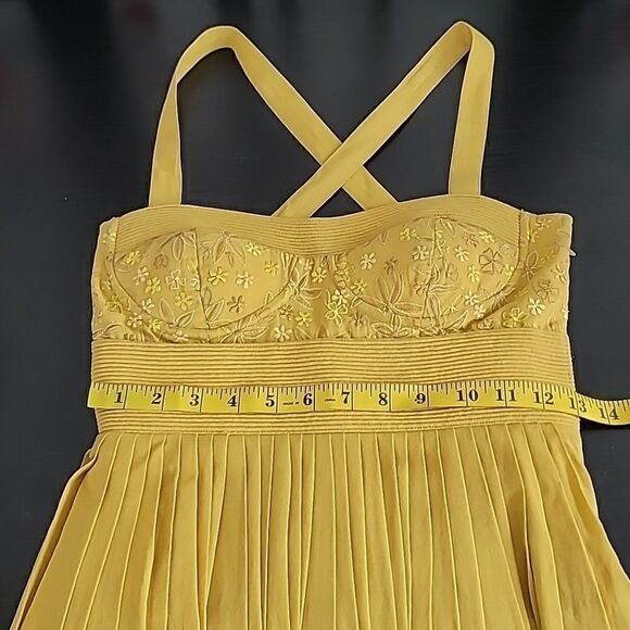 Anthropologie Anita Dongre Mustard Yellow Embroidered Pleated Cotton Dress. - Picture 9 of 14